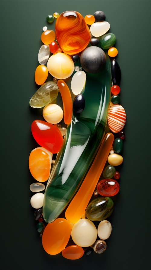a collection of gemstones and pebbles with words in chinese text, in the style of colorful animation stills, orange and green, translucent resin waves, trick of the eye paintings, meticulous design, fisheye effects, dark green and white ar 9:16