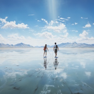 青海茶卡湖奔跑玩耍时水天相接的浪漫景色