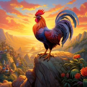 a painting features a rooster standing atop a rock at sunset, in the style of 32k uhd, official art, fantastic, villagecore, colorful, realistic images, iban art