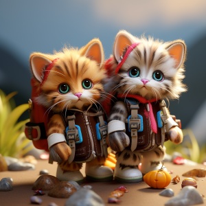 two cute kittens holding backpacks walking together, in the style of nostalgic imagery, toyism, felt creations, barbiecore, dom qwek, photo-realistic techniques