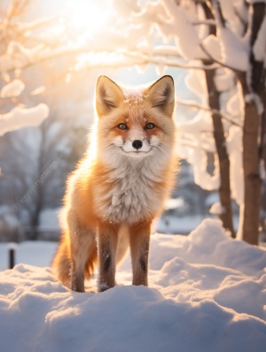 环境人像，一只小狐狸是在东北冬季白雪皑皑的坏境中，背景是道路积雪和雪压枝头的氛围，有阳光照射下美丽的光影。
