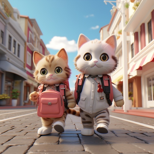 two kittens that are holding backpacks and walking down a street, in the style of kitsch aesthetic, light red and light brown, adventure themed, toyism, light orange and light gray, uniformly staged images, studyplace