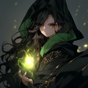 十二岁少女，黑色长发，黄色眼睛，穿着墨绿与黑相间的巫师袍