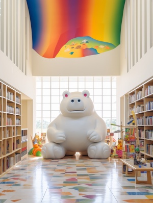 the children's library in a high ceiling room that has a hippo statue for children to play with, in the style of hallyu, ocean academia, synchromism, punctuated caricature, ricoh ff-9d, made of plastic, colorful storytelling ar 3:4