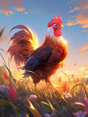 中国田园风的超高清插画：红色鸡冠下五彩斑斓的公鸡