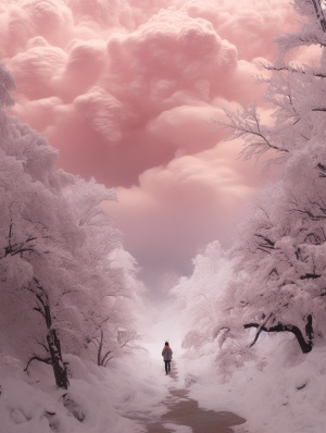 在白茫茫的雪地上卷起了粉色的暴风