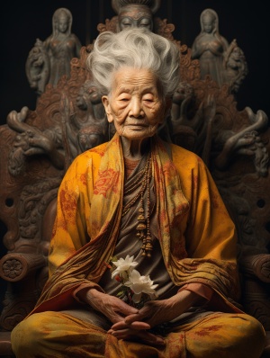 一位100岁的老婆婆坐在佛地中间念佛