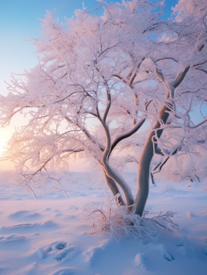 大面积景色中的树枝冻霜细节展现自然美