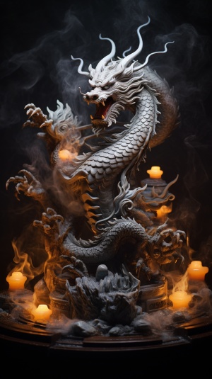 A Chinese dragon statue, sitting on white stone, candles, in a dark room, explosive liquid splashing, dark background, highly detailed, fantasy background, photos, mechanical transparent body