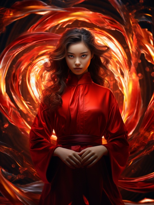 the girl in red is standing in a swirling circle of light, in the style of asian-inspired, strong facial expression, photo-realistic, [артур скижали-вейс](https:goo.glsearch?artist%20%D0%B0%D1%80%D1%82%D1%83%D1%80%20%D1%81%D0%BA%D0%B8%D0%B6%D0%B0%D0%BB%D0%B8-%D0%B2%D0%B5%D0%B9%D1%81), rtx on, stylish costume design, zen-inspired ar 3:4