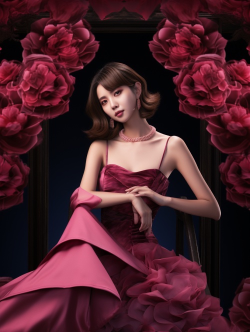 Jiang Ji Fantasy poster, Elegant woman, lens flash, deep pink and deep red, matte photo, rotation, 70mm, rtx-ar 3:4