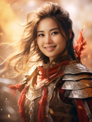 A woman smiling warrior poster, that is Asian, in charming light effects style, light browns and reds, 32k Ultra HD, rotation, sharp focus, UE 5, graceful ar 3:4
