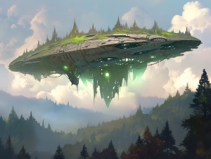 森林上的大型外星飞船：Jim Burns风格