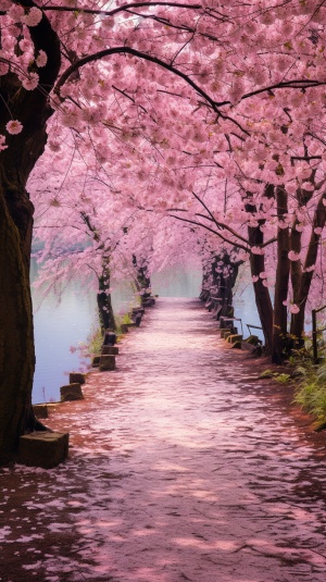 沿着湖边的小路，走进一片樱花林。粉色的樱花如雪般飘落，落在地上，化作一片粉色的地毯。漫步其中，仿佛置身于一个梦幻般的世界，让人心醉神迷