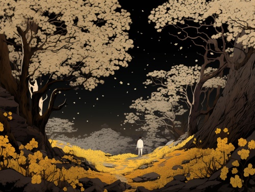 一张漫画背景图，黄色和白色的花朵为主角，暗色调的树木为背景