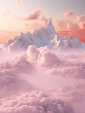 雪地里，空中飘着粉色的白云