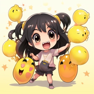 a cute little girl with black hair, happy face, wearing a t s hirt, emoticon bag, 9 emoticons, emoticon Symbol table, multiple postures and expressions, anthropomorphic style, different emotions, multiple G !!!u 0GZ S t:ε ue ¥8 ‘suo!ssaidxa pue ssod