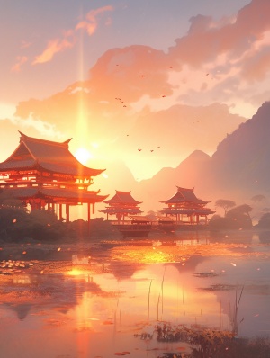 村庄，池塘，远山，太阳，清澈的水面，远山和太阳的影子倒映在水中，中国田园风，
