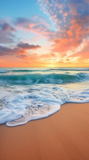 Endless Sandy Beach with Blue-Green Waves and Stunning Sunset