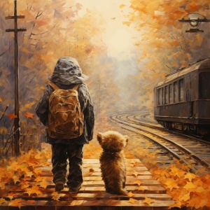 错过火车的小狗狗，只能背着包包徒步回家，狗狗两条腿直立行走，穿着夹克外套，带着帽子行走在火车轨道边上，深秋的落叶掉落在路上，狗狗带着围巾
