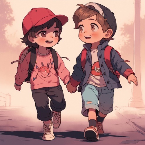 两个卡通小孩手拉手散步，在迷人的现实主义风格，浅红色和红色，nightcore，浪漫的现实主义，超高清图像，迷人的人物，卡通风格的流行