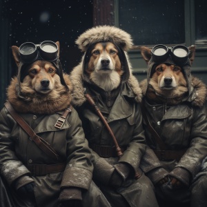 穿着军大衣的狗狗在雪天的寒冷冬外