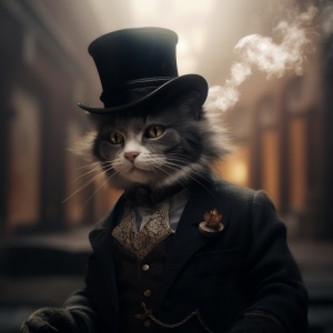 拟人化的礼帽猫咪，穿着黑色礼服抽烟