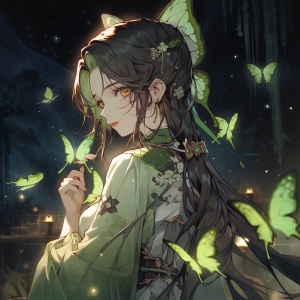 漆黑夜晚中的绿色蝴蝶女孩