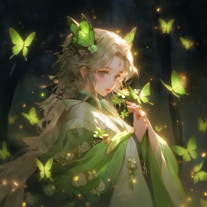 在漆黑的夜晚，一个女孩，绿色蝴蝶，绿色汉服
