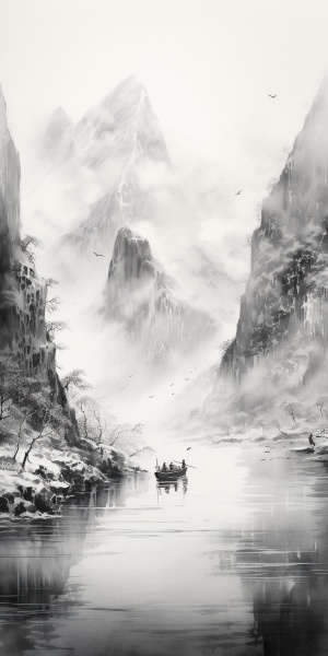 中国水墨画-雄伟山水、渔船垂钓