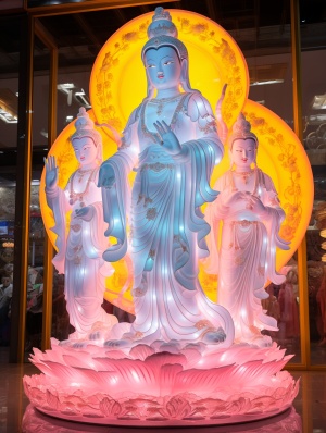 A large color light display in front of baby and Guanyin, multi-level size, thin steel form, 32K Ultra HD, chinapunk, point-and-point accuracy, streamlined design, rainbowcore, Photo, photography, soft light, best picture quality, High image quality, High Detail, HD, Crazy Detail, Ultra HD quality ar,57:128