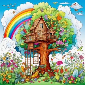 Q版，简笔画，森林，绿色的草地，树屋，鲜花，蓝蓝的天空挂着彩虹，