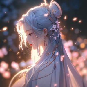 中国女生穿浅蓝色宋制汉服，在夜晚中微笑，配上发光萤火虫和樱花花瓣，呈现超高清仙侠风电影质感