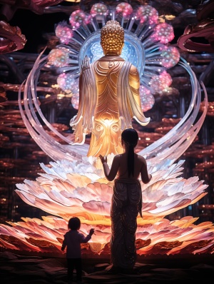 A large color light display in front of baby and Guanyin, multi-level size, thin steel form, 32K Ultra HD, chinapunk, point-and-point accuracy, streamlined design, rainbowcore, Photo, photography, soft light, best picture quality, High image quality, High Detail, HD, Crazy Detail, Ultra HD quality ar,57:128