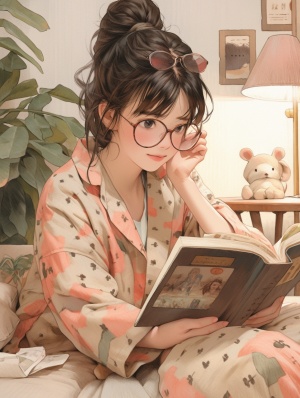 一个女孩，在家，穿着睡衣，看书，家里很温馨，装修风格简约