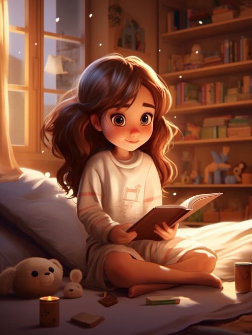 一个女孩，在家，穿着睡衣，看书，家里很温馨，装修风格简约，远景，白天