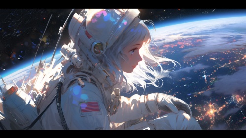 2.2D，星空，流星，宇宙，地球，星际穿越，女孩穿着白色高科技感外套，全身，宇宙飞船，