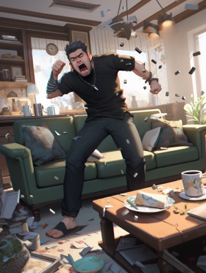 一个中国现代男子，发脾气，（明亮的）客厅里有沙发茶几桌子（掀翻）凌乱杯子，站在中间，把碗都摔在地上成碎片（全身）