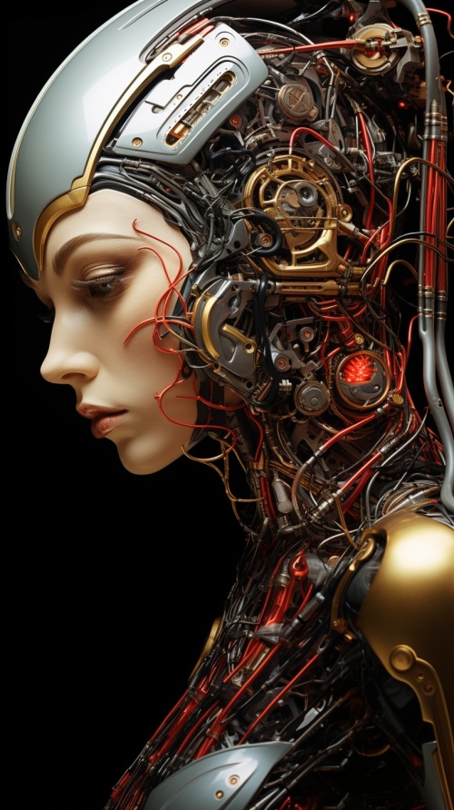 nousr, a fine art painting of a beautiful woman, biomechanical, mshn robot, hyper realistic, steel, intricate design, insanely detailed, fine details, Extremely sharp lines, cinematic lighting, Photo realistic, a detailed masterpiece