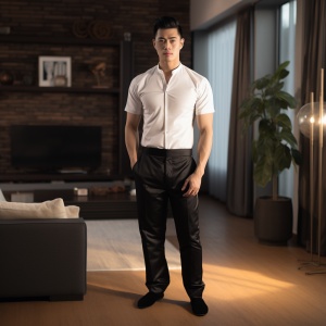 一个中国现代男子，白衬衫，黑裤子，黑皮鞋，双手合十，侧身站在客厅