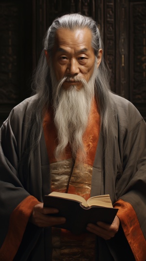 一个穿着中国唐装，像电影魔戒中一样的智慧老者，正脸（看着前方），长而花白的胡子，慈祥的面孔，眼睛炯炯有神，手持一本书