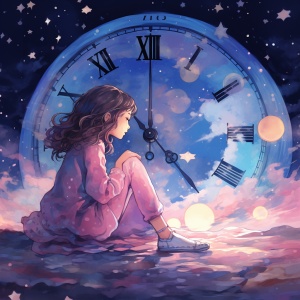 A cute Girl Pink Blue Purple a clock In Her hand Behind her is the starry sky and Milky Way
