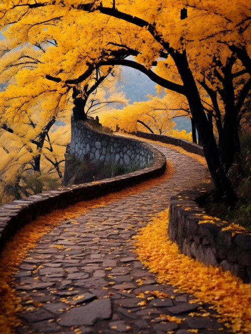 S型弯曲石台阶小路，实拍，真实风景，秋天，路上满地黄叶，公路两旁竖立着高大的杏树，树叶有绿色，黄色的