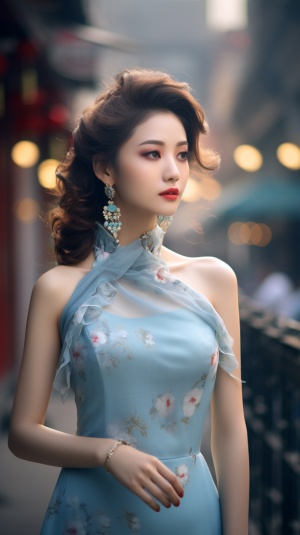 美女，20岁，中国，五官端正，古代发饰，穿着华丽的浅蓝色修身旗袍，站在街上，全身照，超高清，超分辨率，大师杰作。