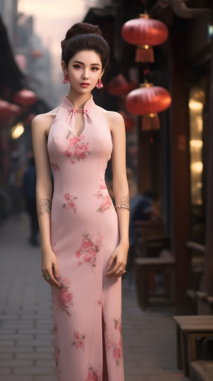 美女，20岁，中国，五官端正，古代发饰，穿着华丽的浅粉色修身旗袍，站在街上，全身照！！！超高清，超分辨率，大师杰作。