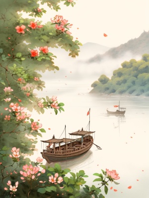 清澈长江，繁花似锦，帆船远去