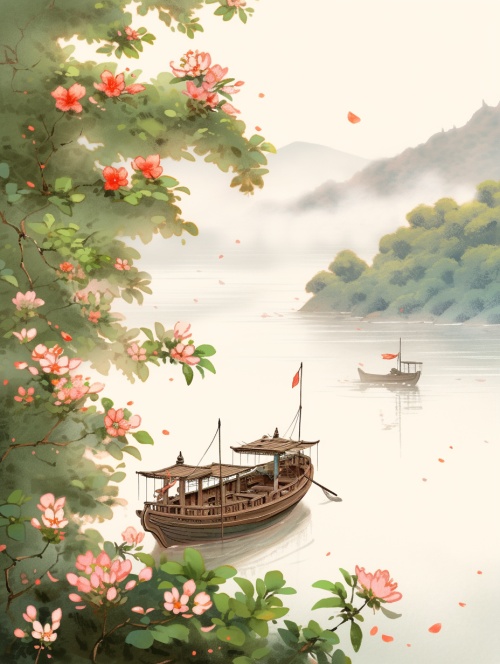 长江，清澈的江水，两岸繁花似锦，江水尽头有一艘远去的帆船，远景，中国传统画，中国插画风，超高清