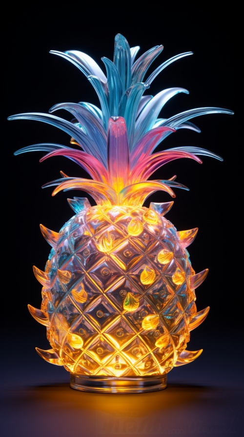 An Extremely delicate iridiscent Pineapple made of glass, translucent, tiny golden accents, beautifully and intricately detailed, ethereal glow, whimsical, art by Mschiffer, best quality, glass art, magical holographic glow, hdr. 8k
