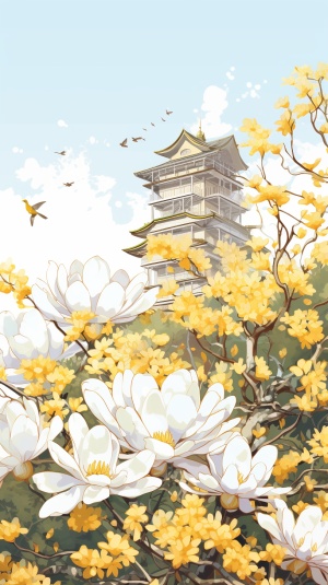 黄鹤楼周边环绕着粉白色大片的玉兰花