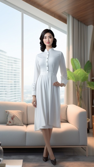 一个中国现代女子，站在明亮的客厅里中间，（白色长袖加厚连衣裙）（全身），（开心的样子）（（双手合十））